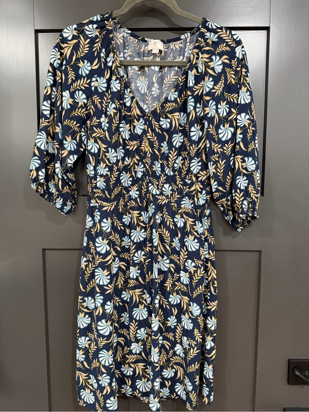LOFT Navy Floral V-Neck Dress with elastic cuff Sleeves